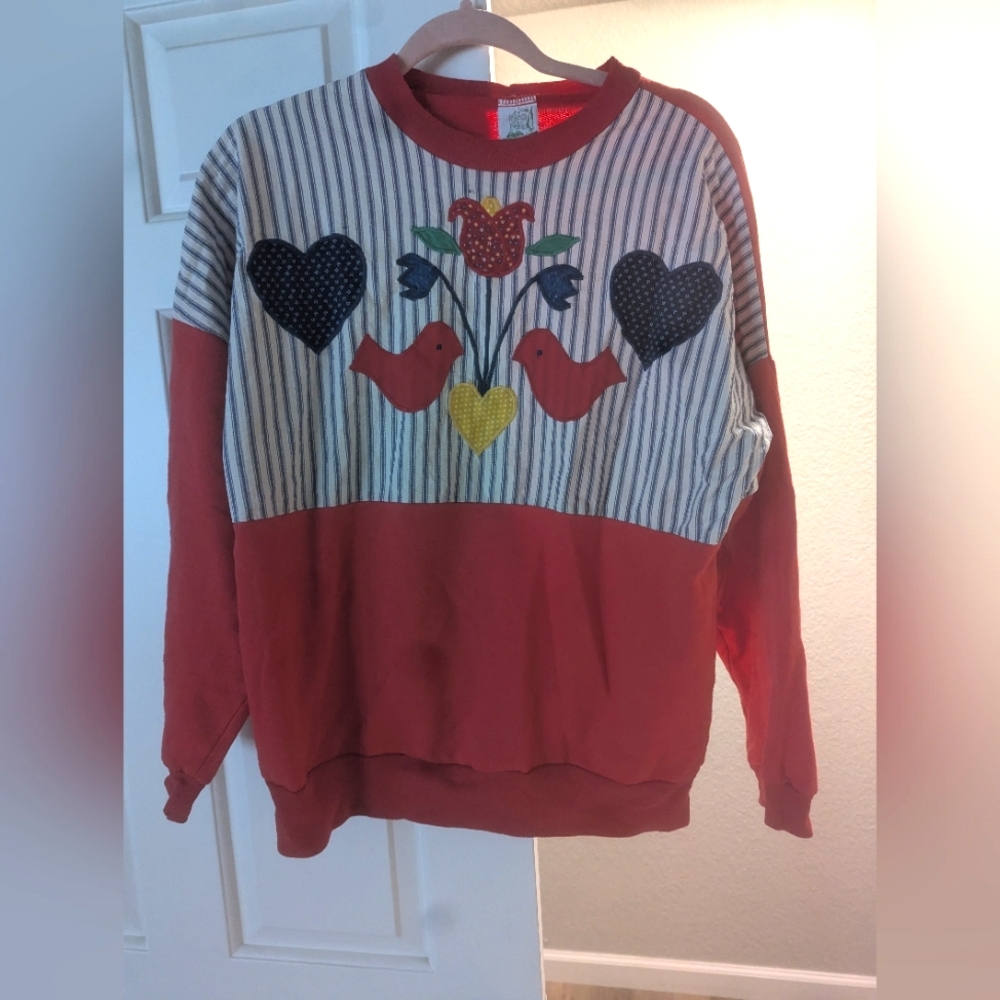 Vintage Red Bird And Flower Pullover